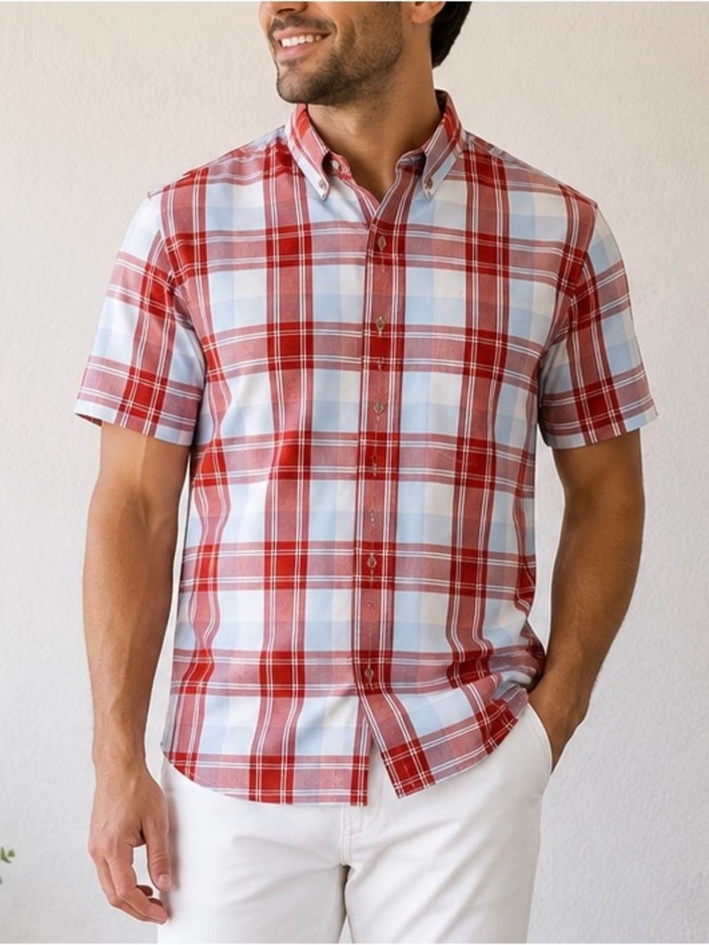Eddie Bauer Red and White Plaid Button-Down Shirt XL 100% Cotton NWOT